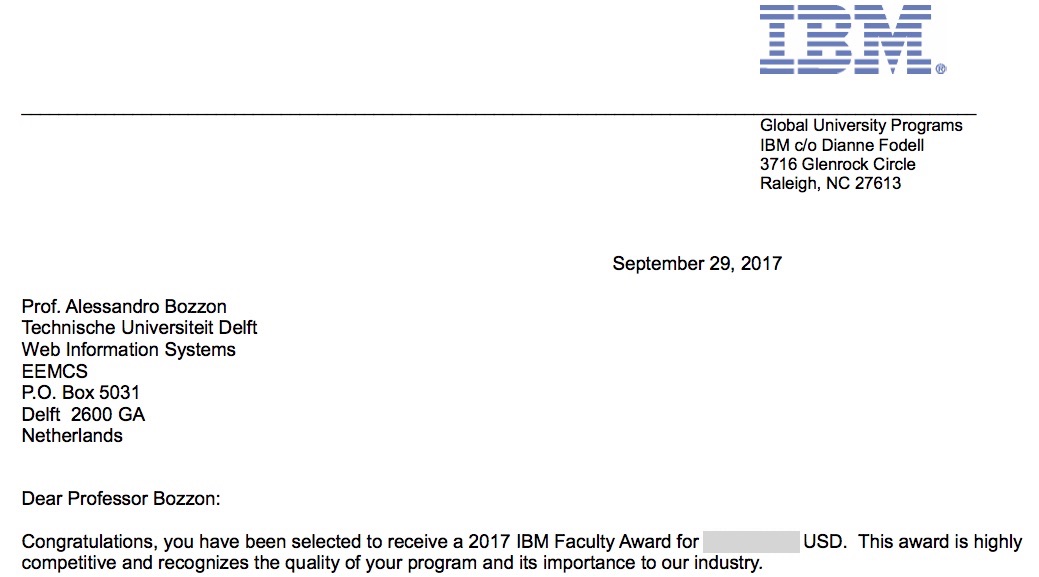 Alessandro Bozzon selected for IBM 2017 Faculty Award